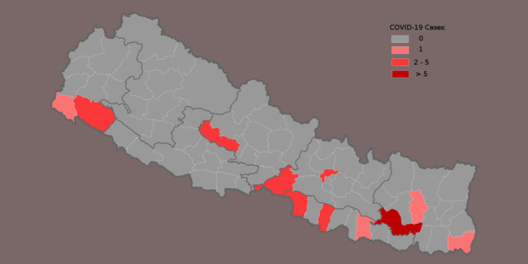 नेपालमा कोरना संक्रमण भएका जिल्लाकाे विवरण